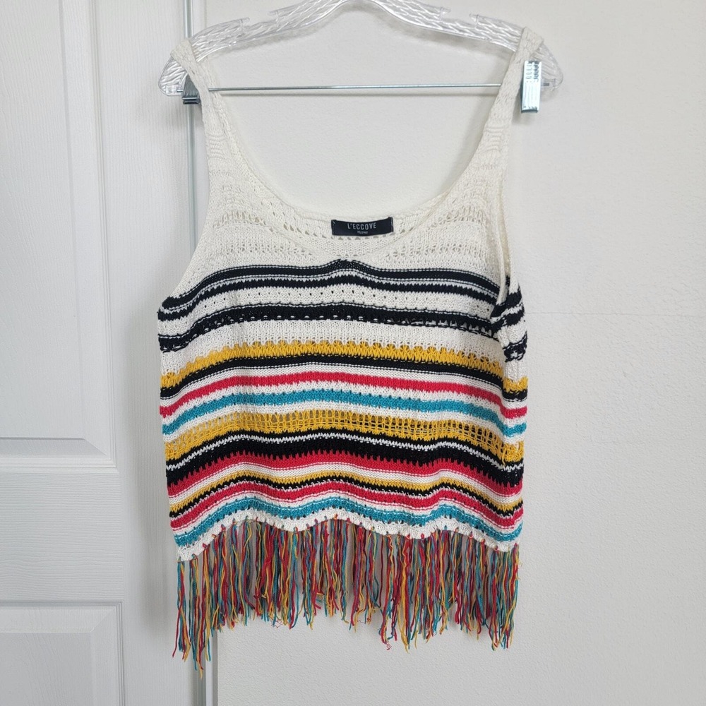 L'Eccove Helsinki Knit Crochet Tank Top Striped Fringe Coastal Beach Cover Up SM